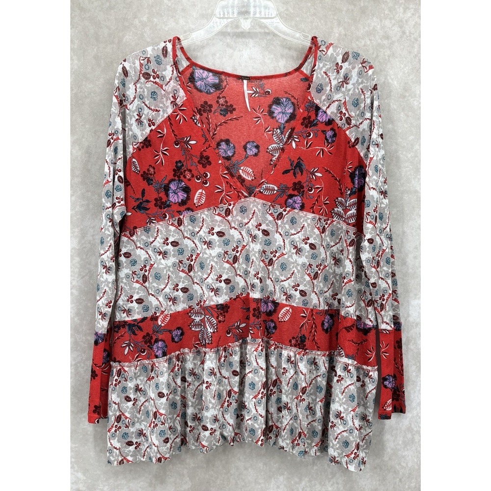 Free People Floral Patchwork Peplum Top Size Medium Boho Long Sleeve Blouse‎
